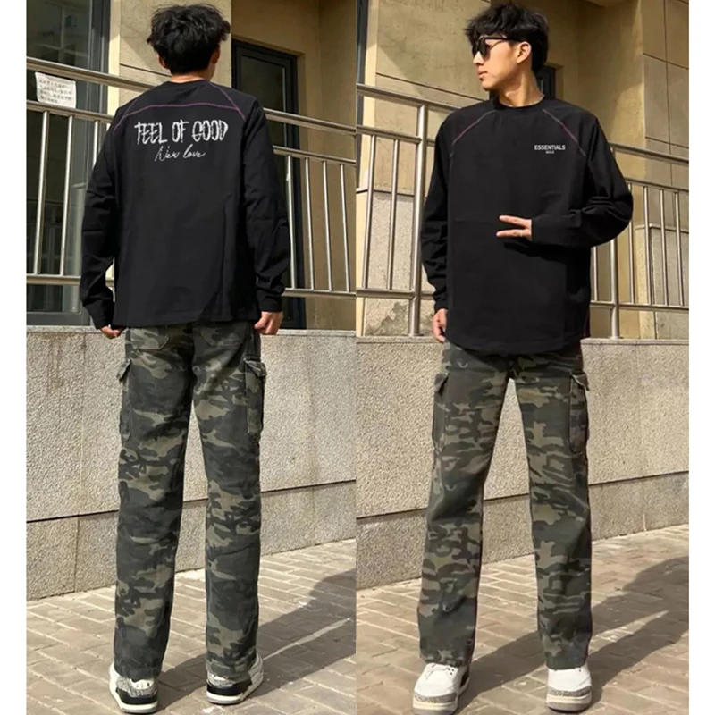 美式高街创意字母印花长袖T恤男秋季潮牌宽松纯棉拼接辑明线上衣