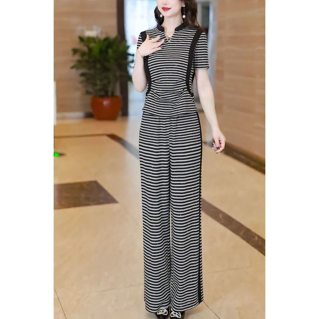 2025夏季新款短袖套装女遮肚气质显瘦上衣休闲裤子长款条纹两件套