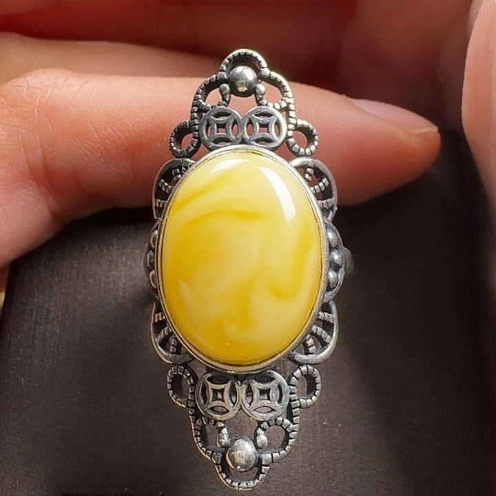 蜜蜡银S925镶嵌戒指戒指