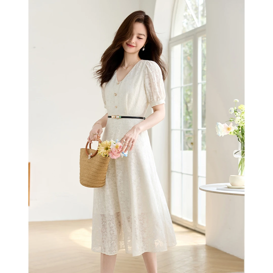 蕾丝v领镂空连衣裙AN24X2358