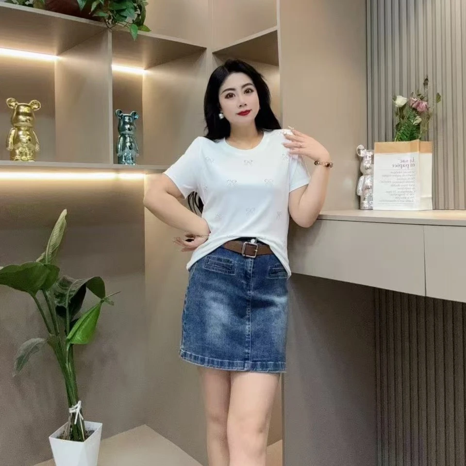 春夏半袖-双 90042 时尚亮闪洋气蝴蝶结显瘦百搭胖MM大码女装新款