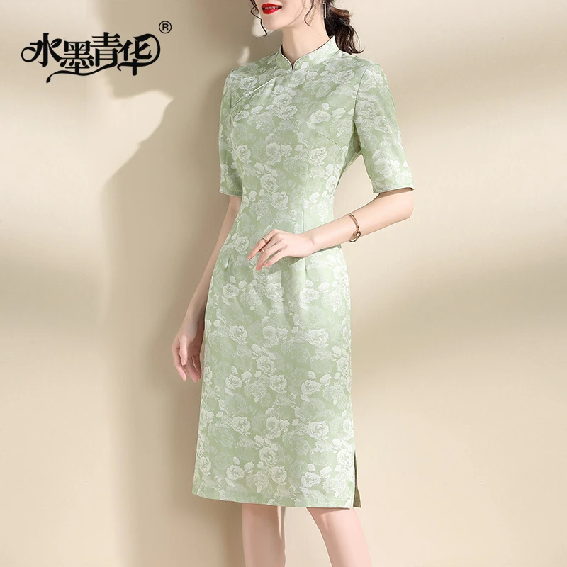 水墨青华春夏新款时尚花色立领显瘦旗袍裙优雅提花百搭连衣裙
