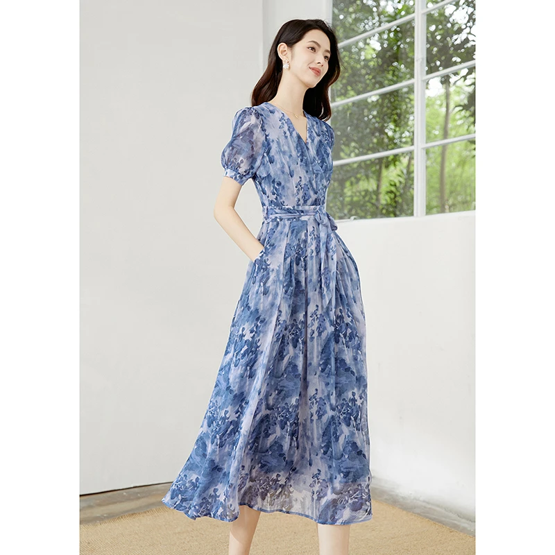 【专享】2025夏印花连衣裙V领短袖长裙25031820