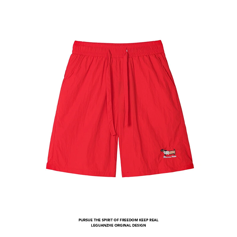 红色腊肠小狗刺绣运动短裤男款夏季潮牌美式复古沙滩外穿五分中裤