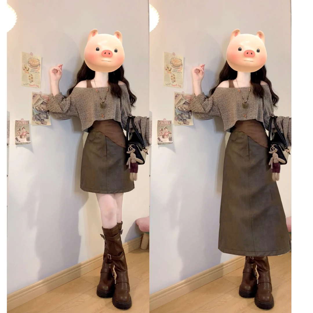 大码秋季美拉德复古减龄时尚设计感罩衫+收腰遮肉吊带裙套装