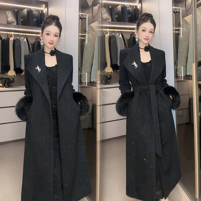 【小茵家】气质冬款加棉翻领修身显瘦长款大衣外套女人味狐狸毛装饰