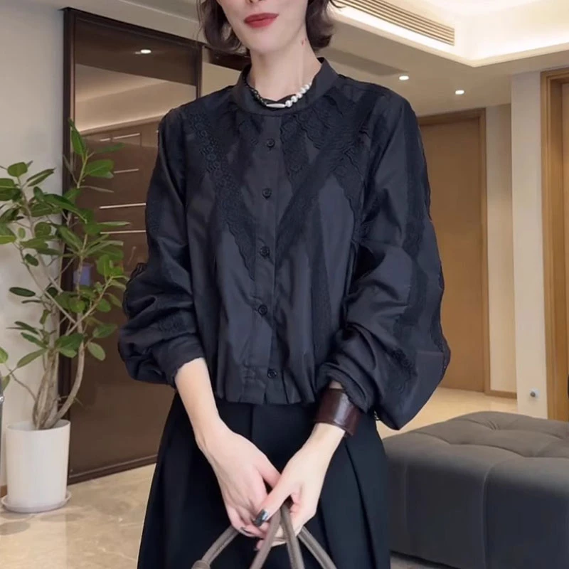 黑色时尚减龄衬衫女2025夏季宽松显瘦蕾丝拼接高级感气质长袖上衣