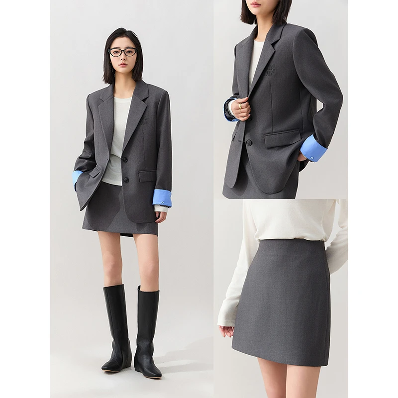 K姐KSOEUR【M*u系格雷套装】细斜纹撞色可脱卸袖口西装+A字半裙女