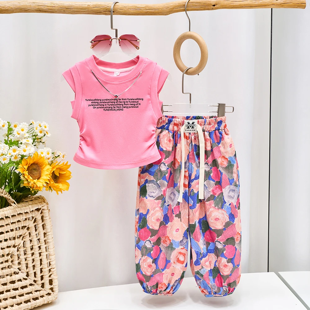 亲子装夏季新款女童韩版时尚坎肩宽松长裤母女装洋气潮长裤短T 潮