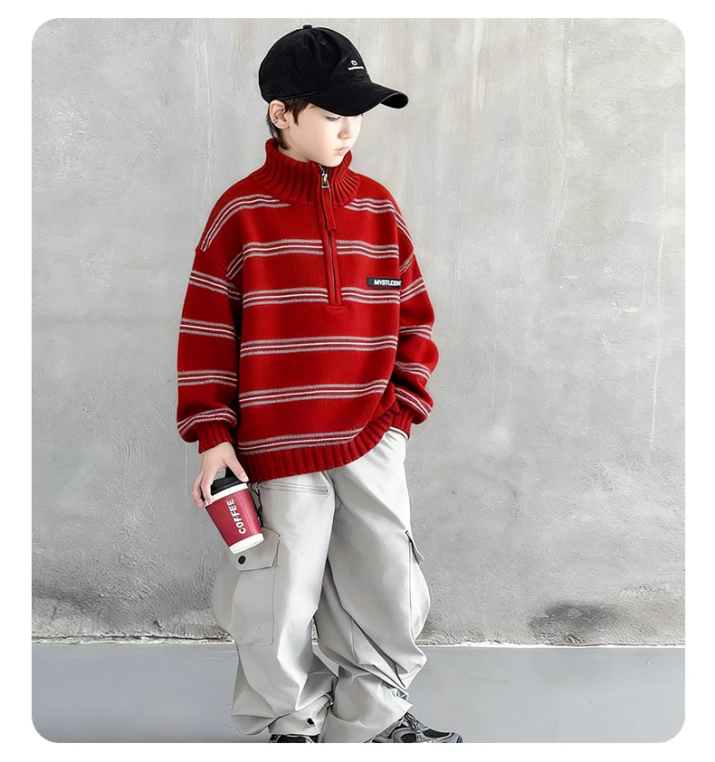 【小哥穿搭】男童红色毛衣冬装洋气喜庆针织衫中大童条纹毛衣5858