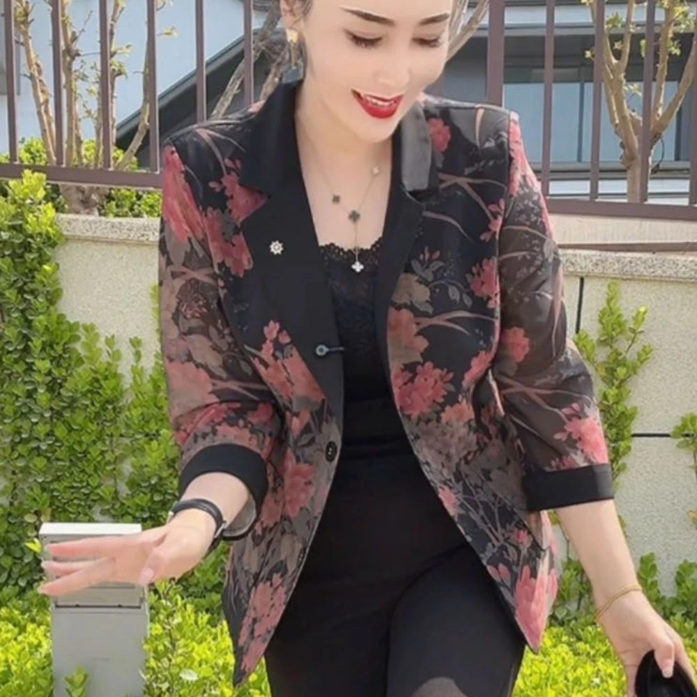 红色复古小西装外套女薄款夏季小个子时尚气质七分袖亮丝西服上衣