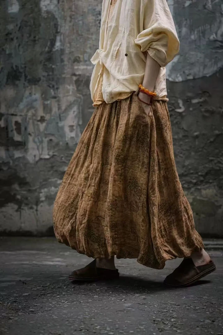 疯子夏款苎麻碎花显瘦半身裙