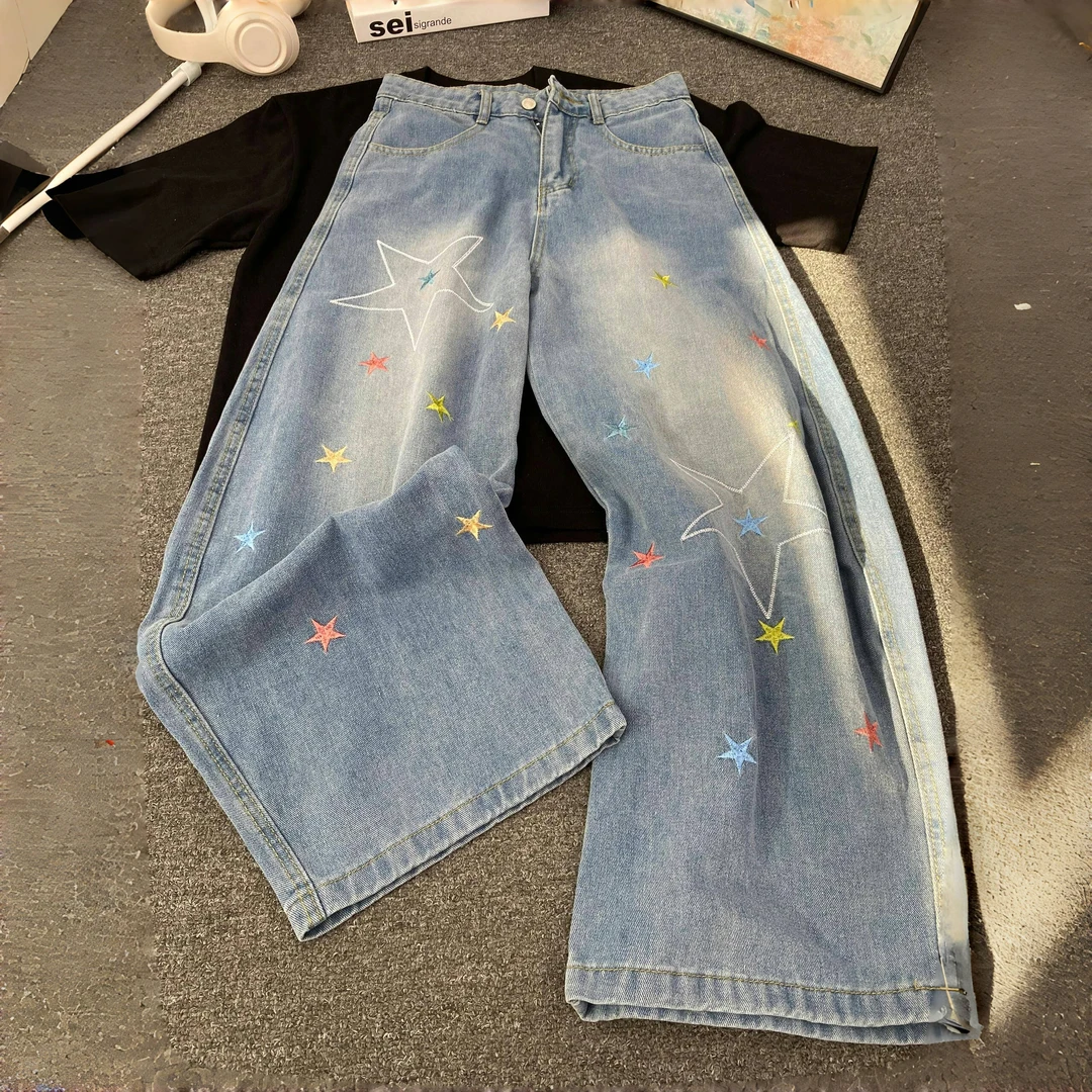 美式星星刺绣高腰阔腿牛仔裤女高街痞帅潮设计感宽松时尚百搭裤子