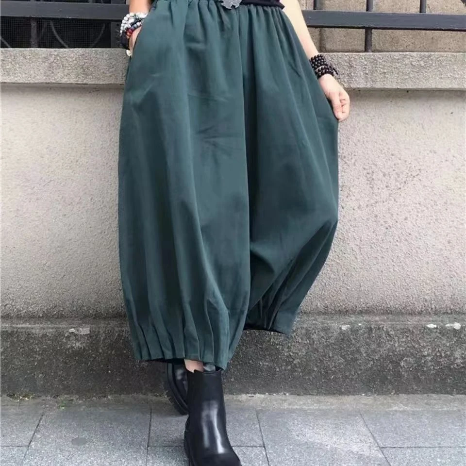 大码女装宽松百搭复古时尚裤子休闲舒适直筒蓝色松紧腰九分哈伦裤