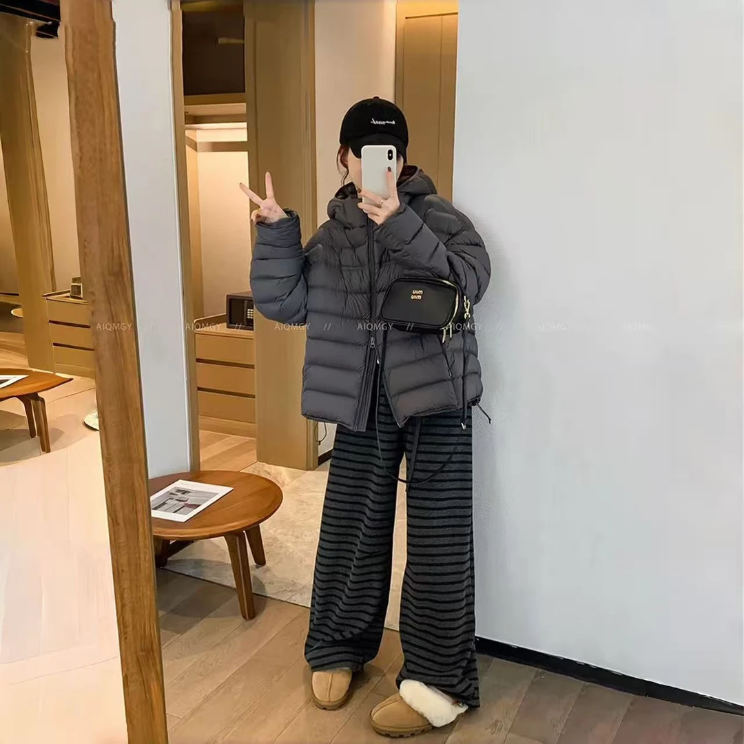 秋冬季新款条纹加绒加厚高腰显瘦宽松抽绳阔腿弯刀休闲裤女百搭