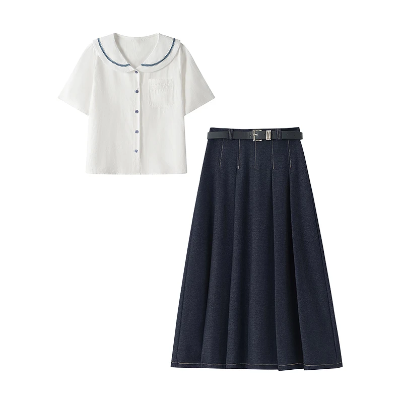 夏季穿搭一整套女新款宽松休闲短袖衬衫牛仔百褶半身裙两件套2237