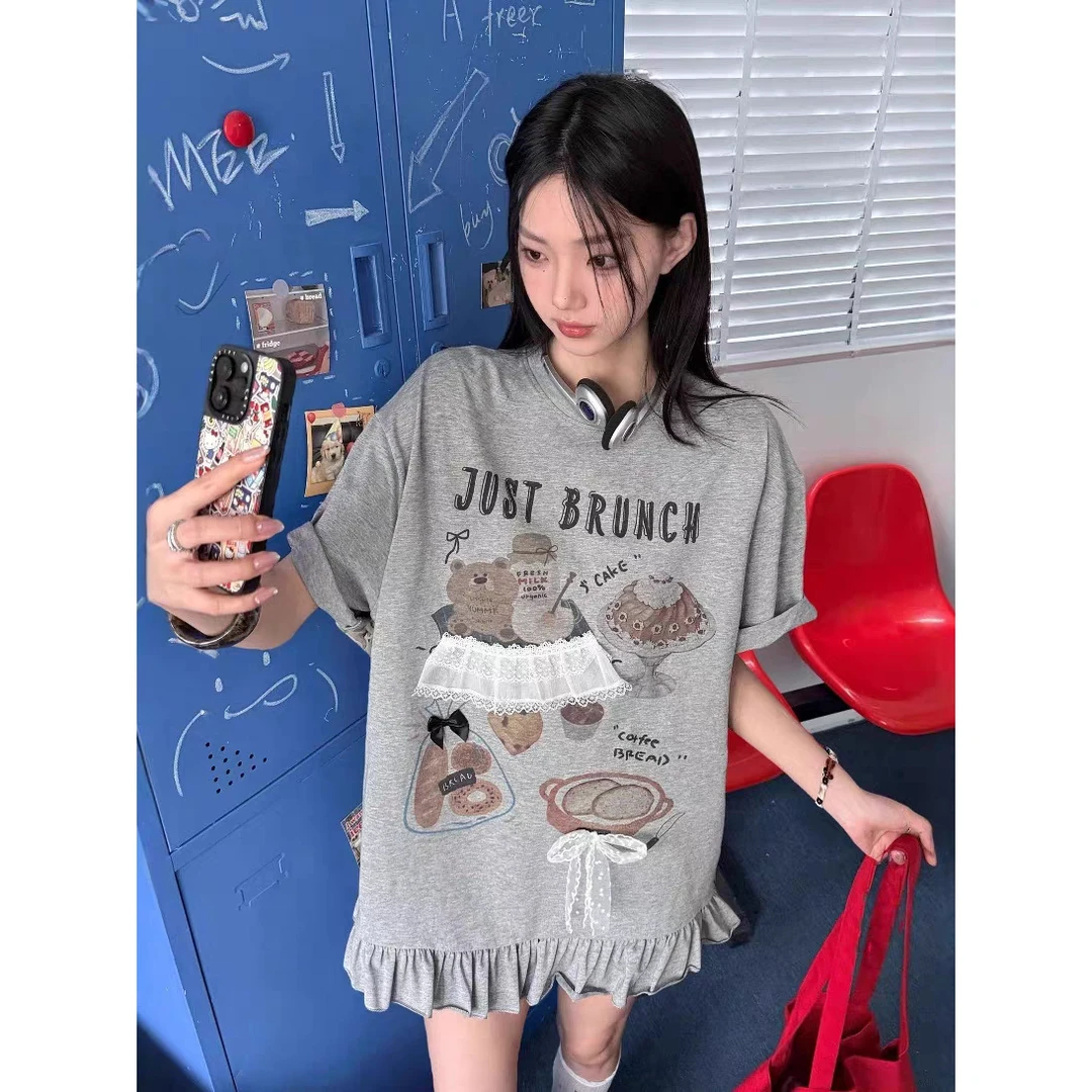 韩系宽松休闲趣味蕾丝小熊蛋糕印花木耳边短袖恤针织时尚百搭夏季