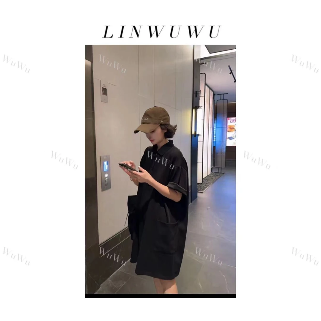 【五五定制】2025新款—时尚个性休闲纯色套头POLO领宽松口袋裙裤