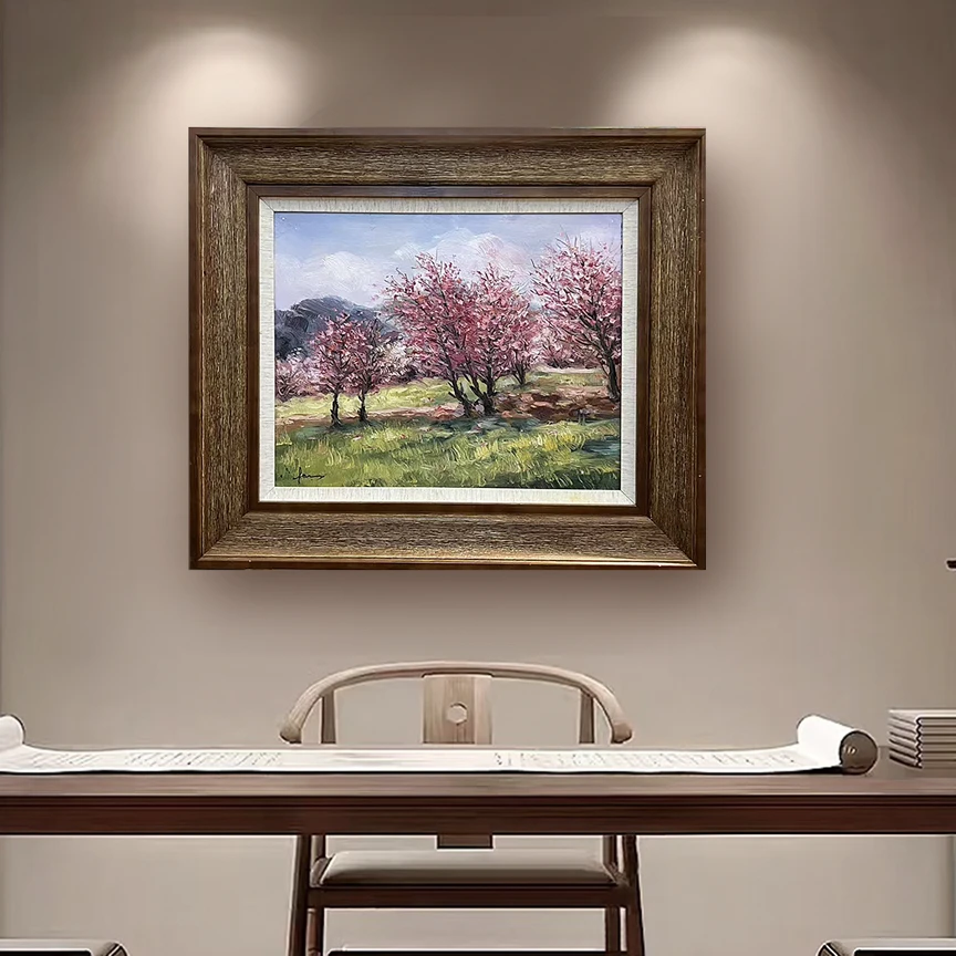 (桃花风景书茶餐厅油画)画疯原创油画作品