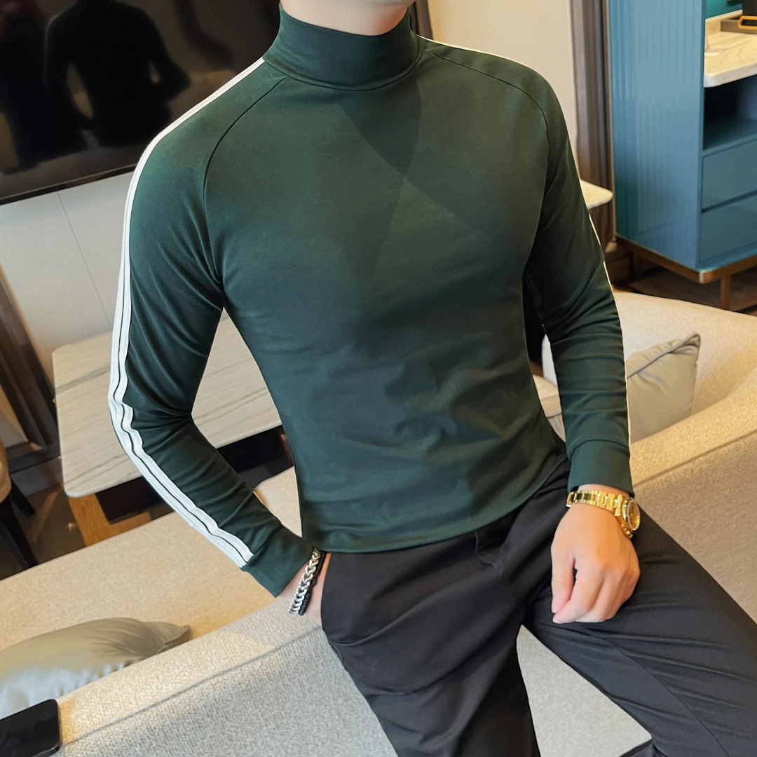 半高领打底衫男痞帅秋冬季休闲潮流拼接长袖T恤韩版中领加绒内搭