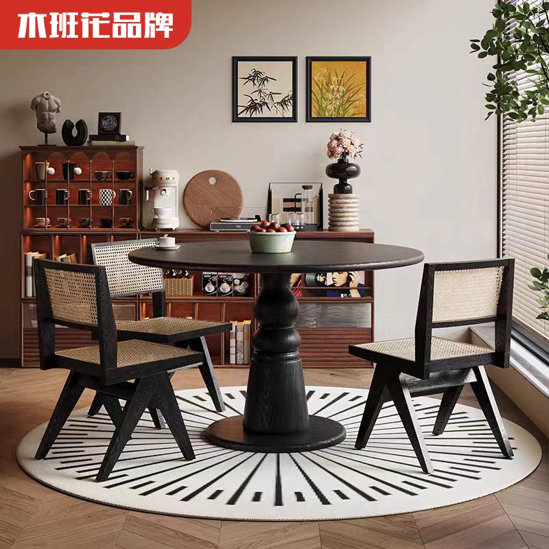 木班花中古风实木餐桌椅子家用小户型轻奢简约高级感法式复古