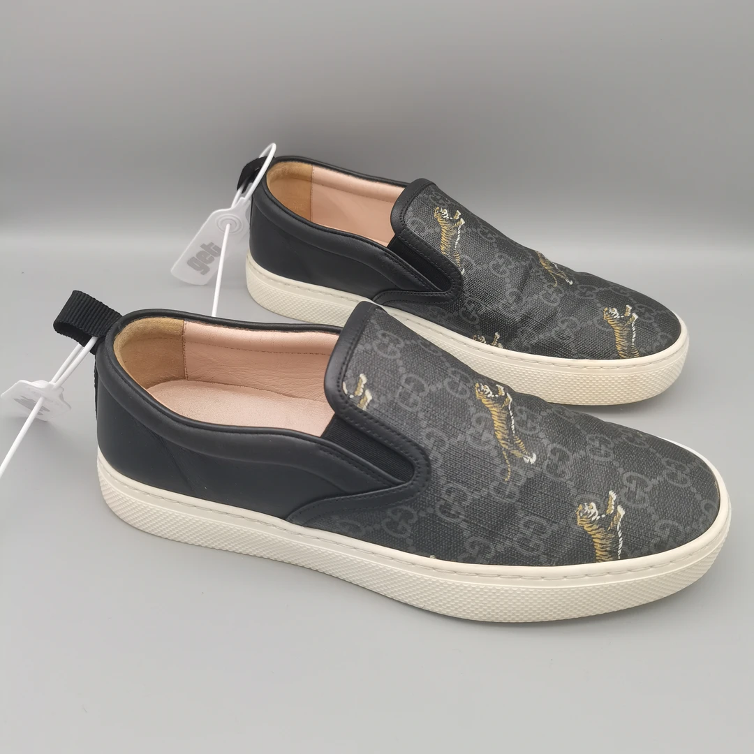 95新 GUCCI/古驰 老虎满印老花印花一脚蹬休闲板鞋6.5欧GS1032
