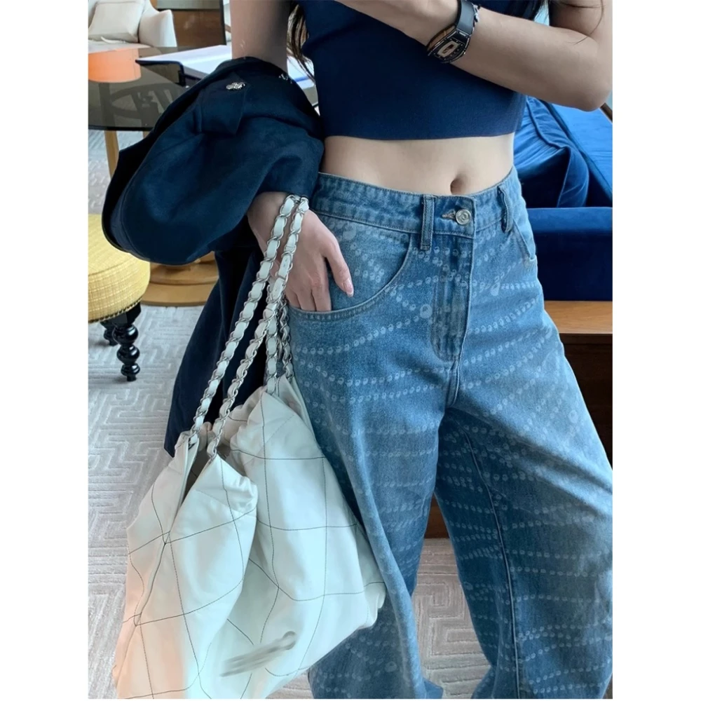 ULA LIMIT激光烧花工艺珍珠图案牛仔裤女春中腰直筒阔腿裤