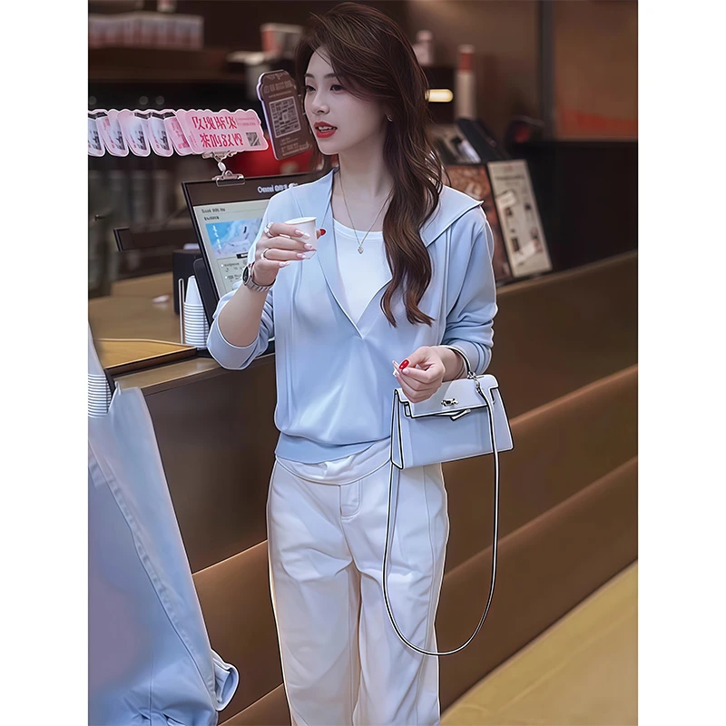 韩版穿搭高级感好看减龄时尚针织上衣小众蓝色连帽假两件T恤打底