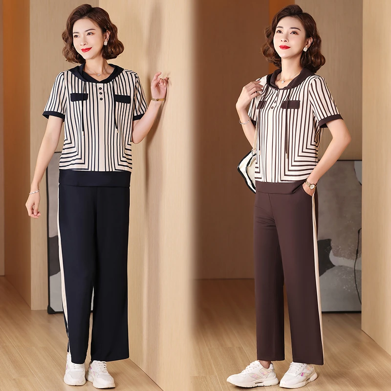 妈妈装夏季休闲冰丝套装中年女洋气短袖上衣中老年女装薄款运动服