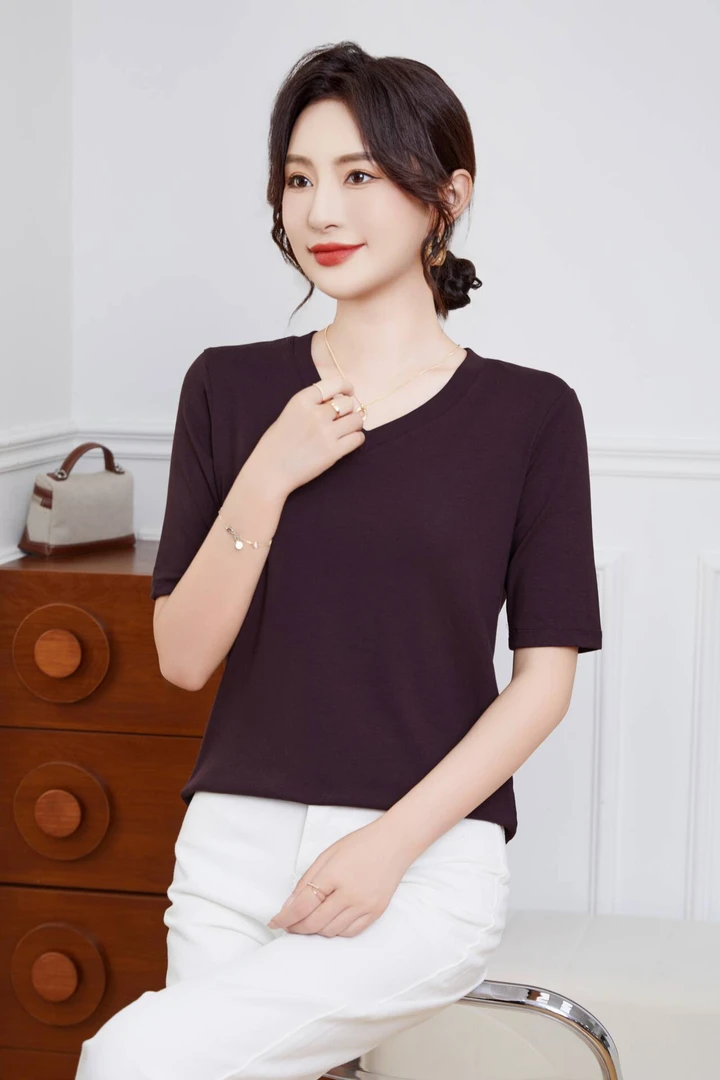 腾坊V领五分袖T恤高品质精品弹力冰氧棉显瘦女装中袖上衣8020