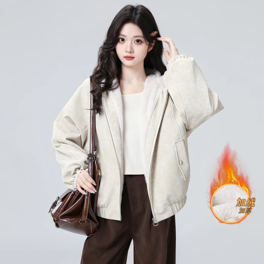 复古皮衣外套女2025冬季新款加绒加厚保暖宽松连帽皮夹克短款上衣