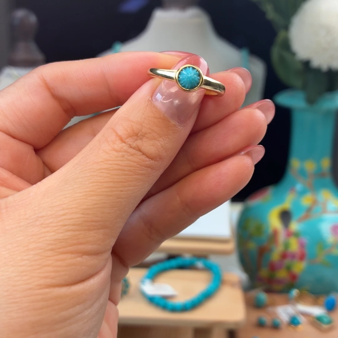 绿松石银S925镀金镶嵌戒指