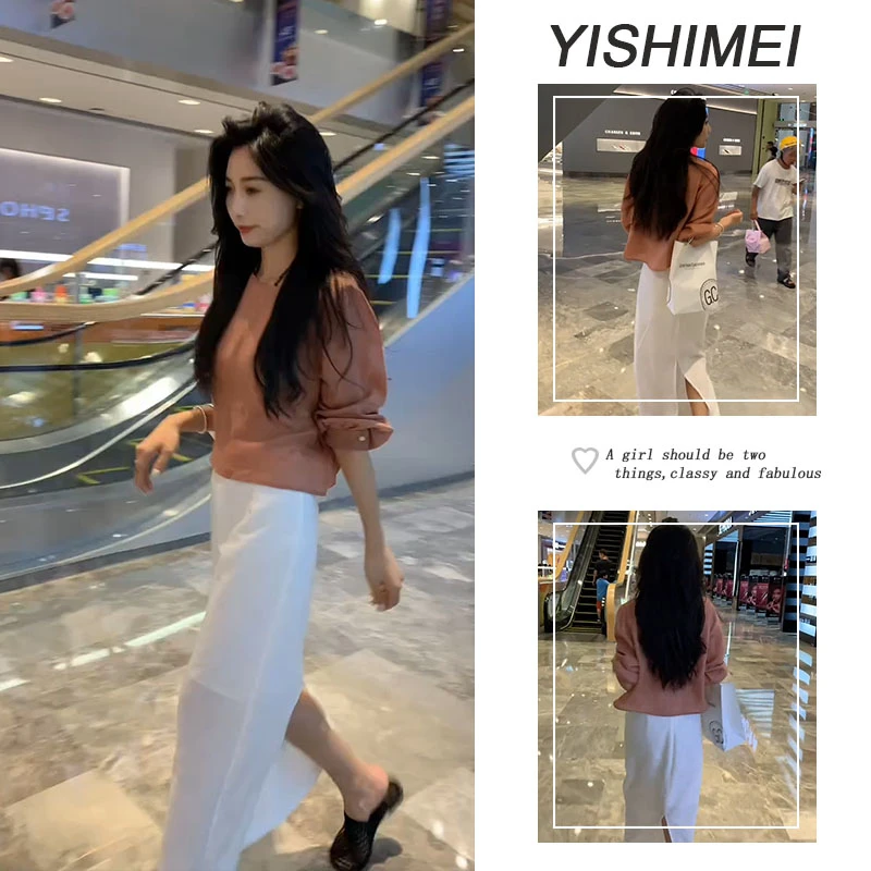 女装套装夏2025新款高级感V领防晒中长袖上衣开叉设计半身裙套装