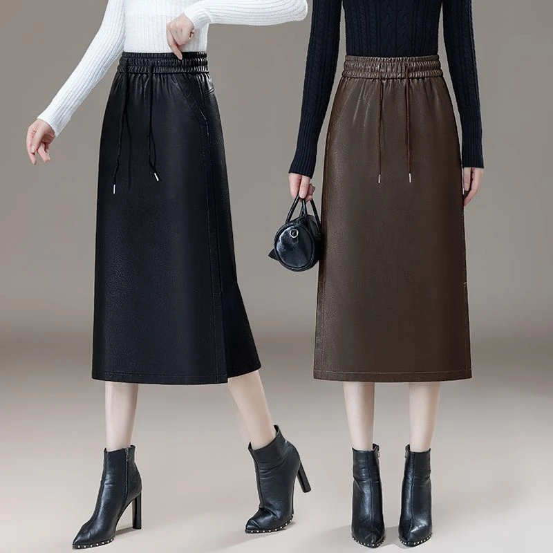 松紧腰软PU皮半身裙秋冬新款气质显瘦中长款开叉a字包臀休闲裙子