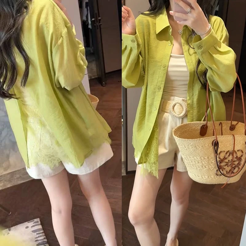 【mimius】七七 设计感蕾丝拼接后开衩衬衫+短裤(含腰带) G04027