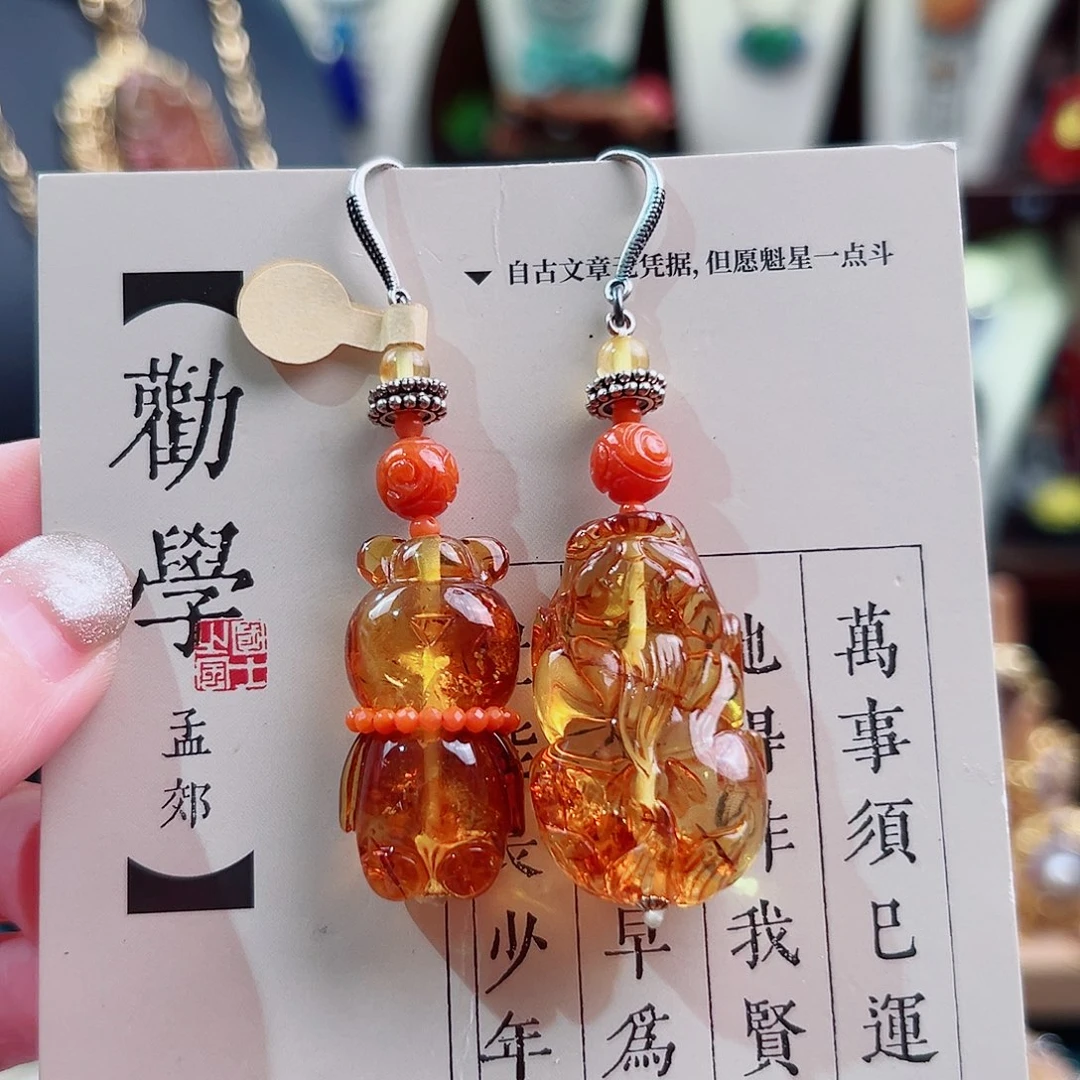 银S925镶嵌琥珀挂件耳环