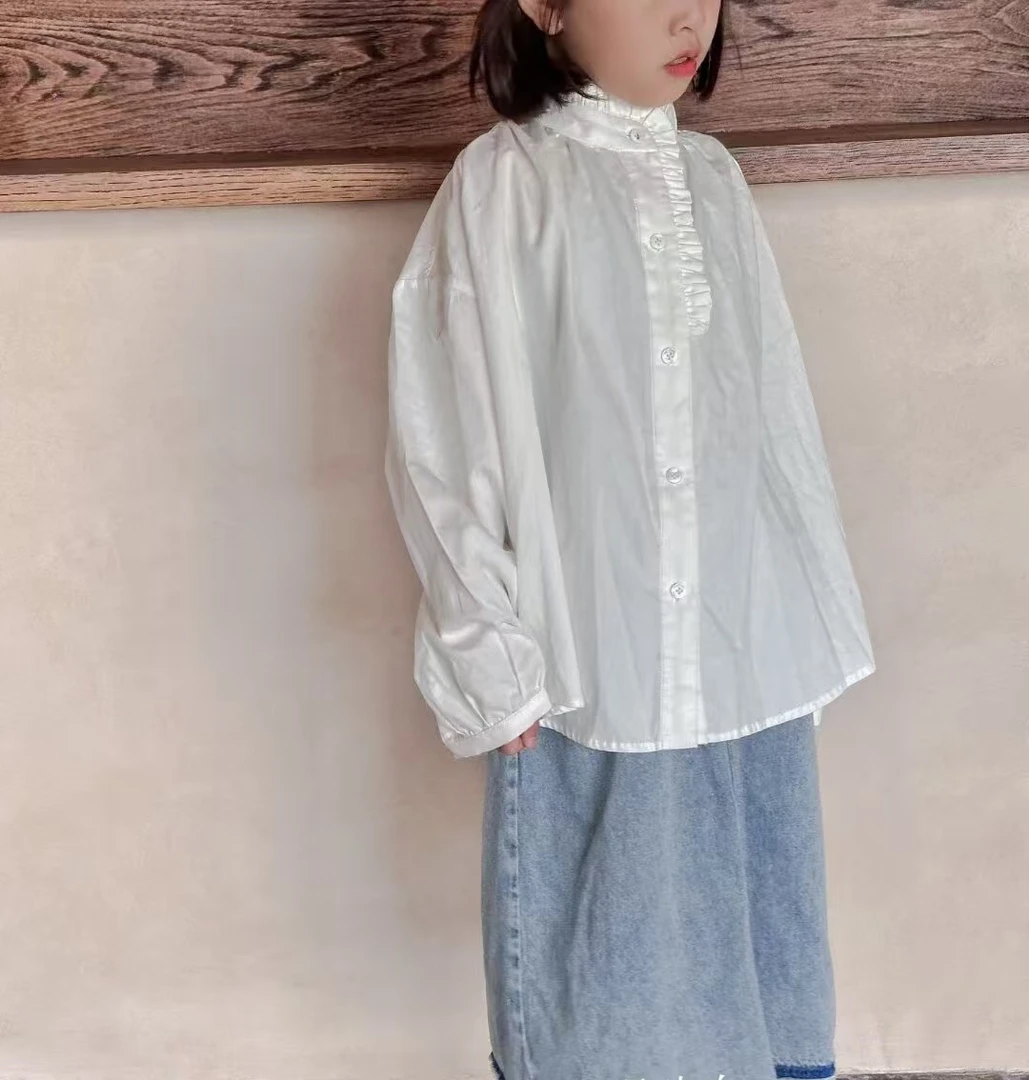 中大童潮童几9107女童时尚百搭白色休闲韩版翻领春秋长袖衬衫儿童