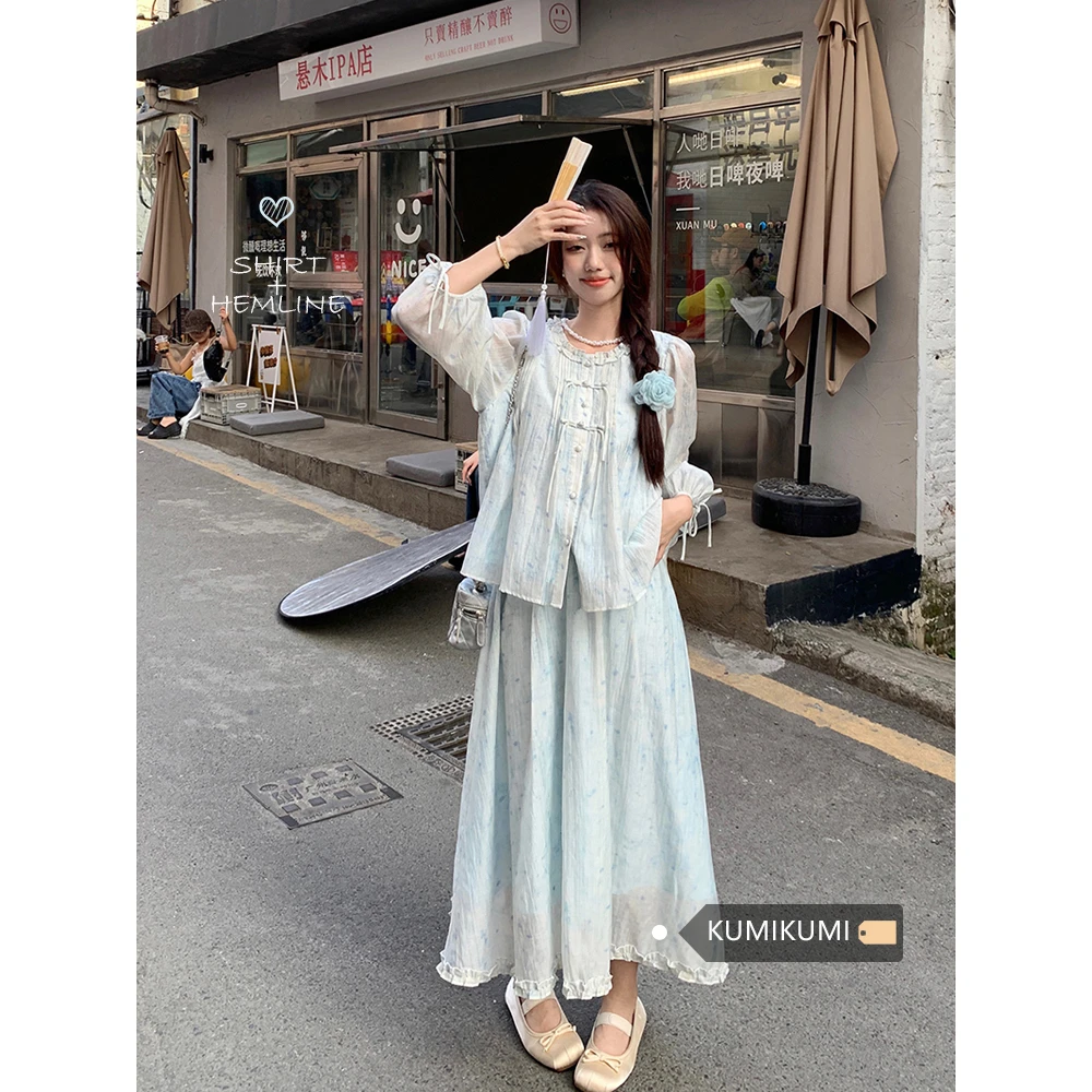 薄荷曼波套装设计感国风晕染衬衫女夏季A字裙半身裙新中式两件套