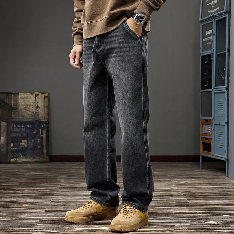 2025新款秋季阔腿牛仔裤男覆古水洗美式休闲潮牌宽松大尺码直筒