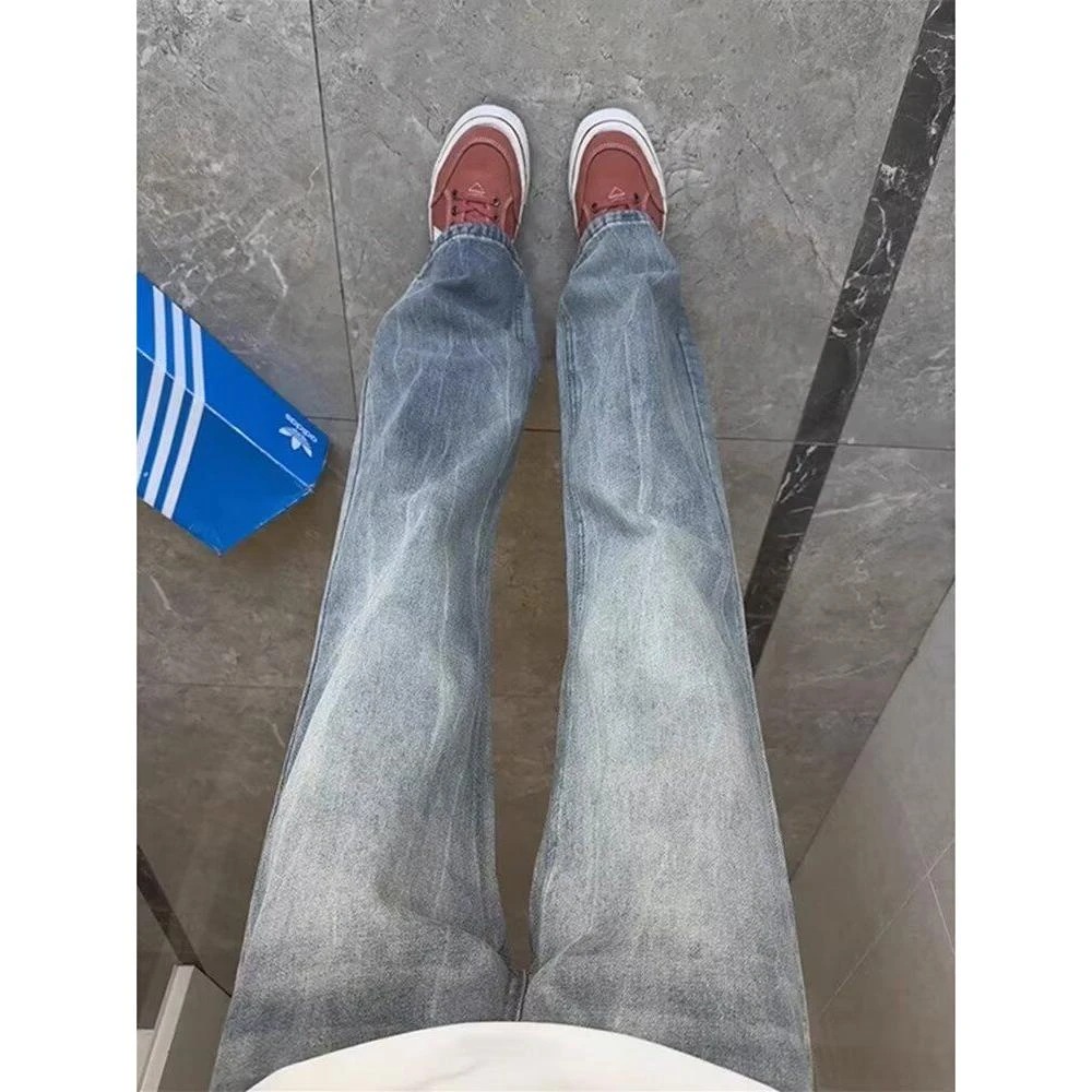 美式复古cleanfit牛仔裤男春秋新款高街潮牌穿搭浅蓝色弯刀微喇裤