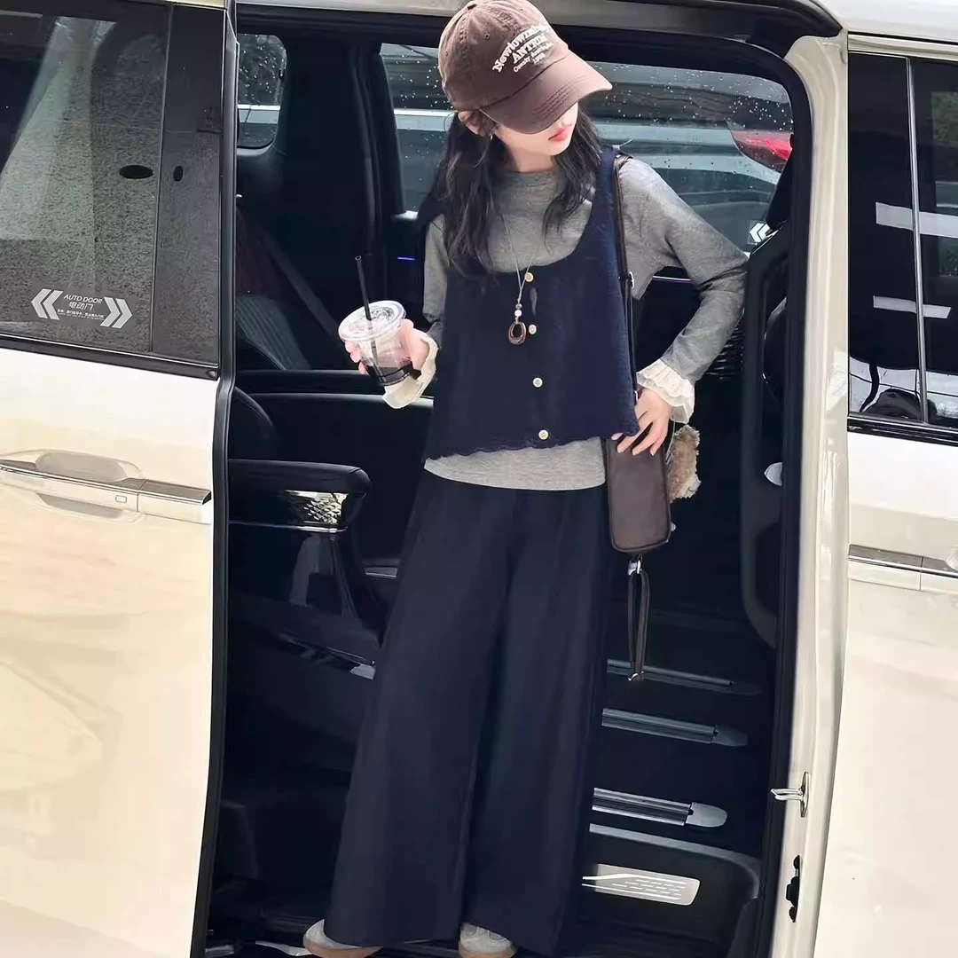 女童套装春秋款2025新款儿童洋气时髦女大童针织马甲打底衫三件套