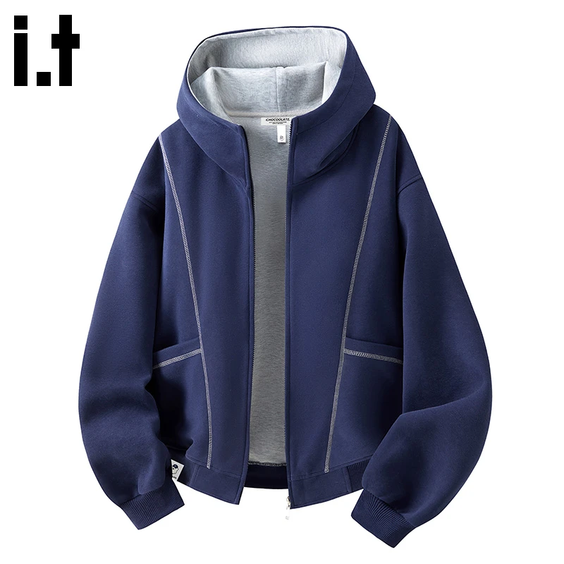 i.t:CHOCOOLATE慵懒风开衫连帽卫衣男士秋冬新款美式廓形休闲外套