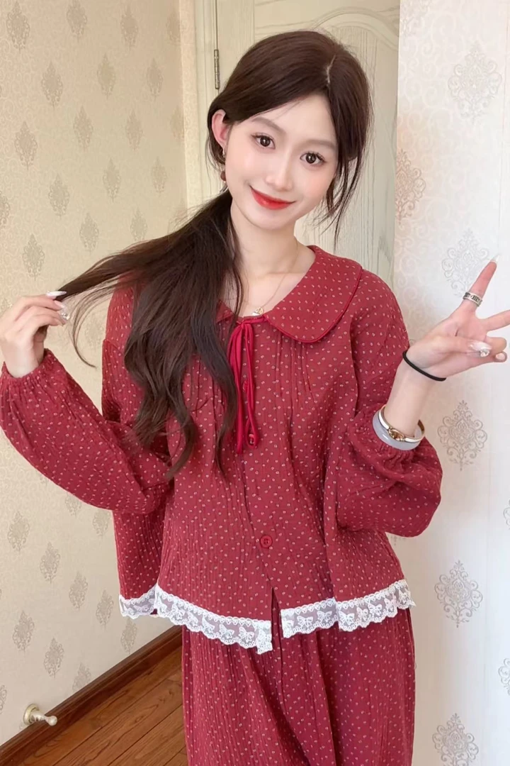 板栗小姐【朱樱】新款女士春秋长袖甜美时尚风蕾丝睡衣家居服套装