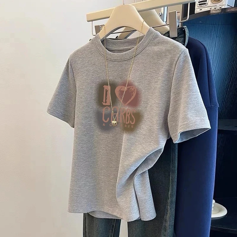 正肩短袖圆领t恤女夏季薄款休闲显瘦百搭灰色上衣ins潮2025年新款