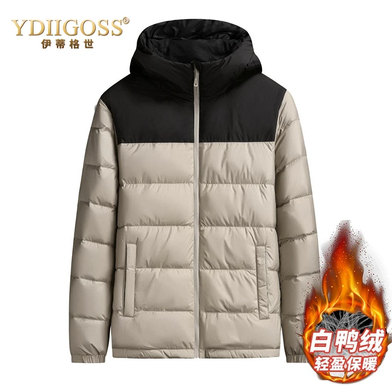 YDIIGOSS连帽拼色羽绒服男士2026冬季新款男青年加大码保暖外套