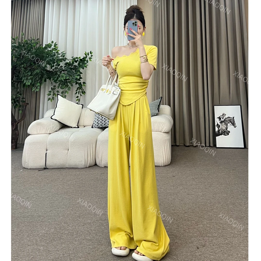 JIAMI【春雨江南】斜肩蕾丝显瘦上衣休闲阔腿裤套装251818