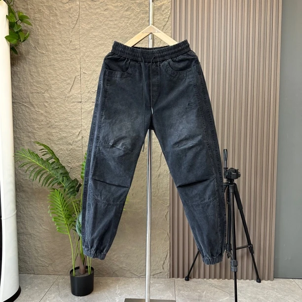 秋季新款男士字母刺绣水洗休闲青年休闲裤松紧腰男士山本风美式