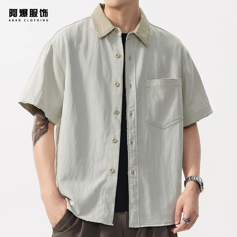 【阿爆服饰】冰感莱赛尔天丝工装短袖衬衫男夏季薄款休闲牛仔衬衣潮