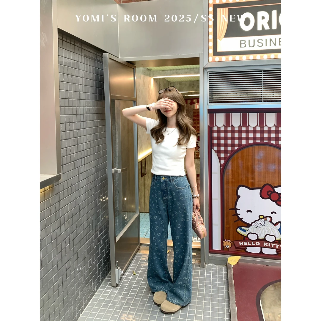 【现货】YOMI小个子【意趣丹宁】凯蒂猫直筒牛仔裤夏季丹宁水洗阔腿