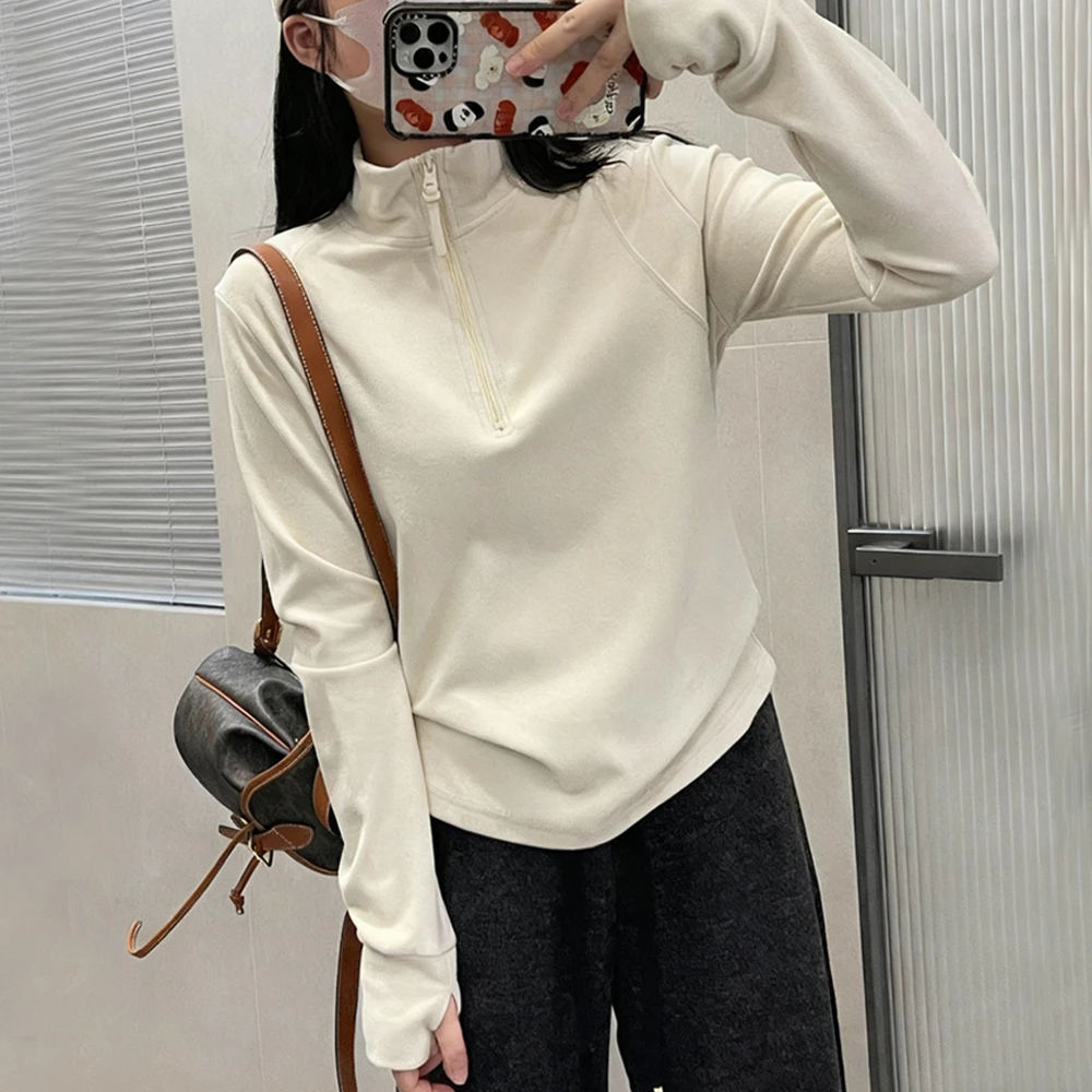 双面德绒T恤~保暖立领半拉链打底女秋冬新款磨毛正肩长袖卫衣上衣